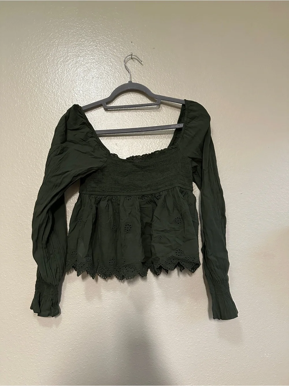American Eagle Outfitters Olive Green Smocked Eyelet Peasant Top